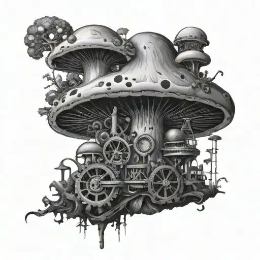 Steampunk, mushroom growing tattoo design idea
