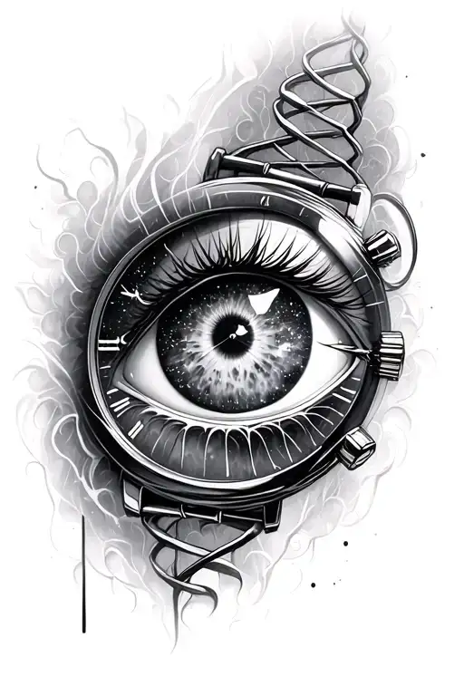 eye of the galaxy with a timekeepers watch and dna. very creative and in depth tattoo design idea