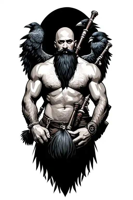 bald black beard shirtless large bagpipes black wings on back crows dark brown tattoo design idea