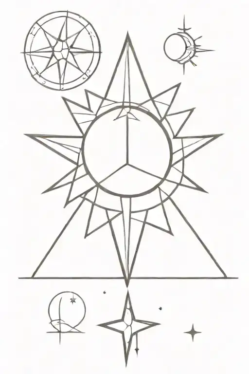 simple linear sun. underneath it, a linear crescent moon. underneath that, a four point star. all separate, not overlap. tattoo design idea
