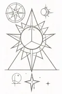 simple linear sun. underneath it, a linear crescent moon. underneath that, a four point star. all separate, not overlap. tattoo design idea