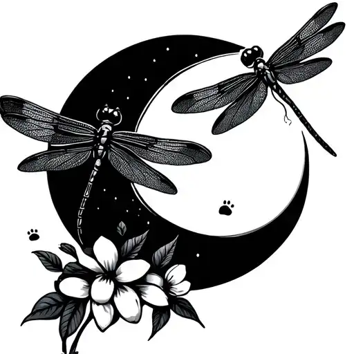 paw print moon dragonfly flowers tattoo design idea