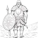 Viking warrior with shield walking towards Viking hall tattoo design idea