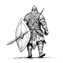 Viking warrior with shield walking towards Viking hall tattoo design idea