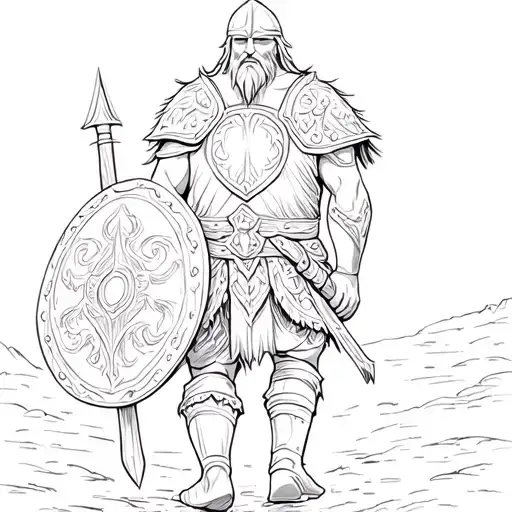 Viking warrior with shield walking towards Viking hall tattoo design idea