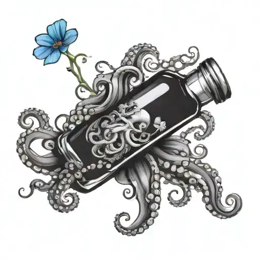Ship in a bottle, octopus tentacles around bottle, forget me nots tattoo design idea