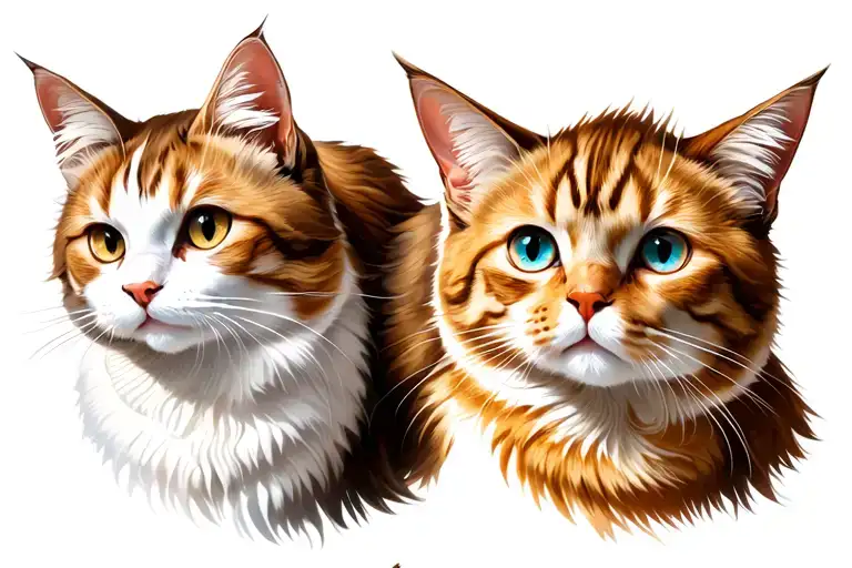 a longhair orange cat with amber eyes. a white cat with grey spots teal eyes. a brown tabby cat with white chest, gold e tattoo design idea