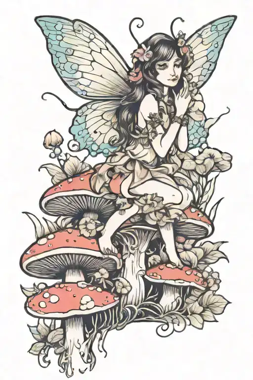 fairy on mushroom surrounded tattoo design idea