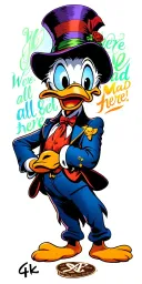 Donald Duck as Mad Hatter From Disneys alice in wonderland cartoon with "were all mad here" quote tattoo design idea