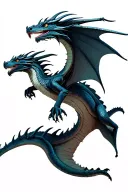 A dragon, mid-flight, facing front towards the viewer. It has 4 legs, 2 large wings, and the tail-end is diamond shaped. tattoo design idea