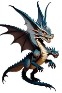 A dragon, mid-flight, facing front towards the viewer. It has 4 legs, 2 large wings, and the tail-end is diamond shaped. tattoo design idea