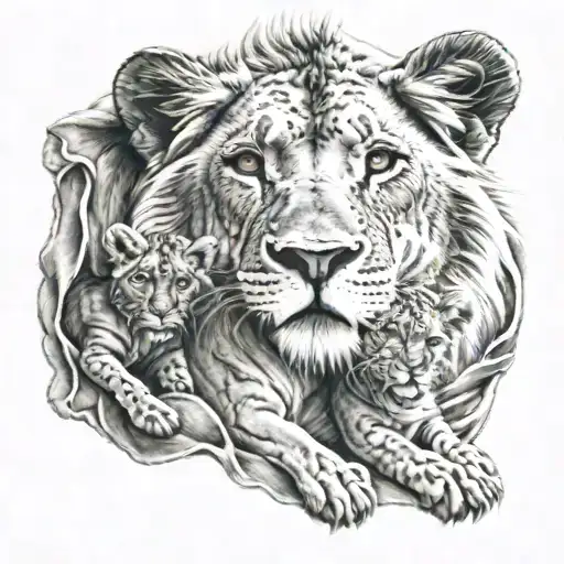 lion with two lion cub cuddly blanket wrapped tattoo design idea