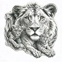 lion with two lion cub cuddly blanket wrapped tattoo design idea