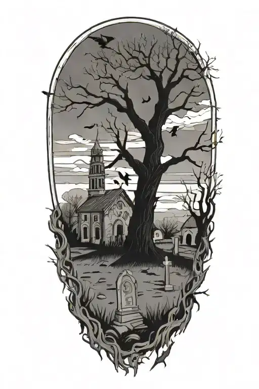 Graveyard with broken tombstones, a lone dead tree and a church in the background, ravens guarding the are tattoo design idea