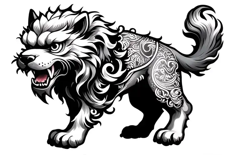 foo dog leg wrap tattoo design idea