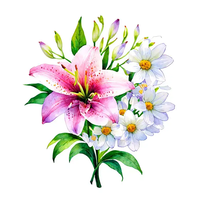 Lilly of valley with cosmo lower with daisies and cherry blossoms  tattoo design idea