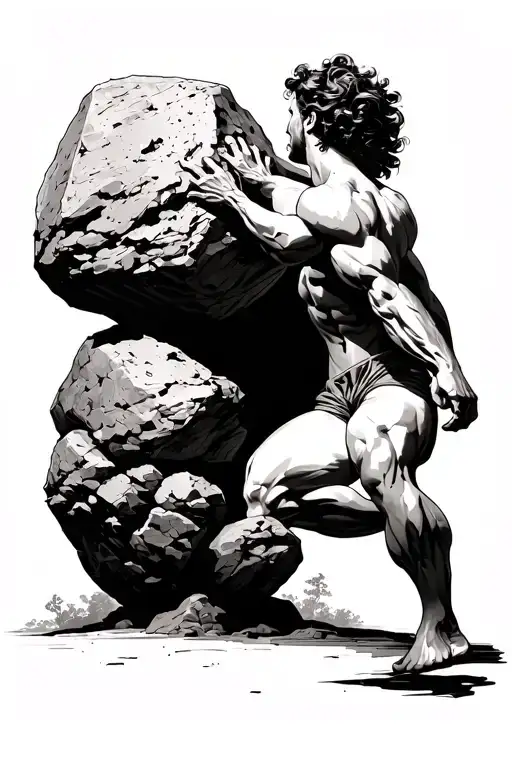 Sisyphus dramatically pushing boulder along the musculature of the right Trapezius of the upper back tattoo design idea