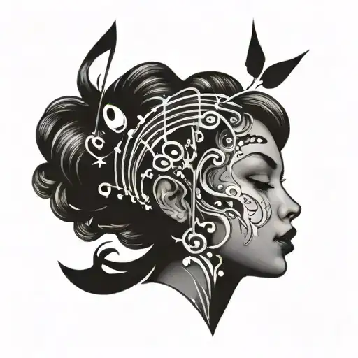 A lady head surrounded with music notes  tattoo design idea