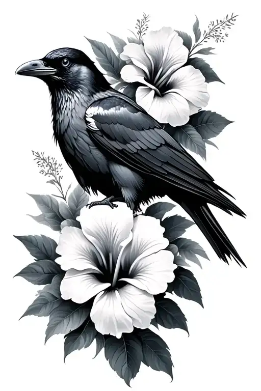 hibiscus flowers and raven standing tattoo design idea