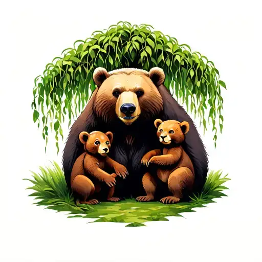 momma bear with 2 girl cubs under a weeping willow tree tattoo design idea