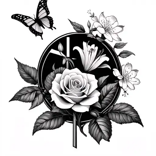 lily, rose, butterfly, cross, and almond blossom tree tattoo design idea