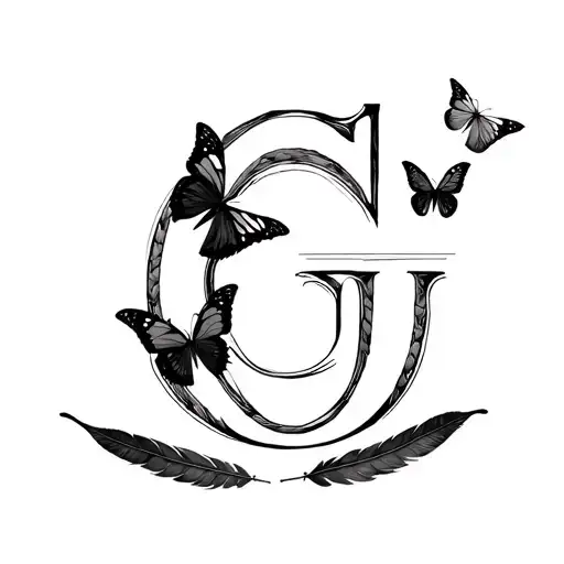 letter G to the power of 3 with butterflies and black feathers somehow incorporated  tattoo design idea