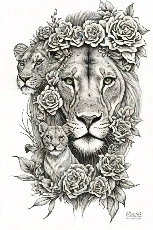 lioness with cubs and flowers tattoo design idea
