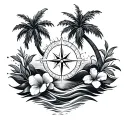 flowers, palm trees, waves, sun, compass rose intertwined tattoo design idea