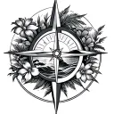 flowers, palm trees, waves, sun, compass rose intertwined tattoo design idea