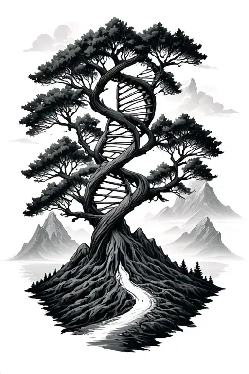 combine mount hood, DNA double helix, tree intertwined tattoo design idea