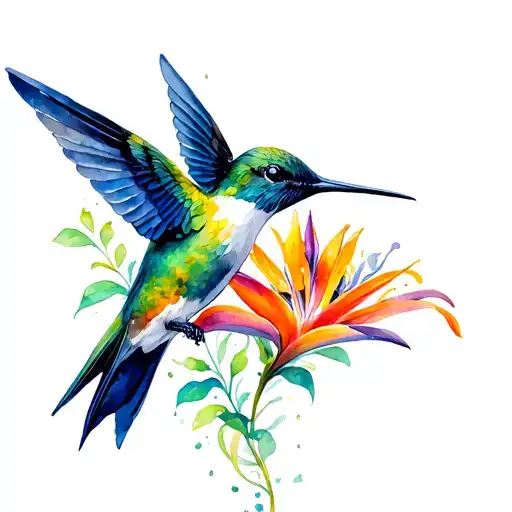 humming bird in garden of bird of paradise tattoo design idea