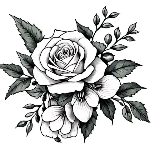 Honeysuckle, rose, paperwhite, and mistletoe tattoo  tattoo design idea