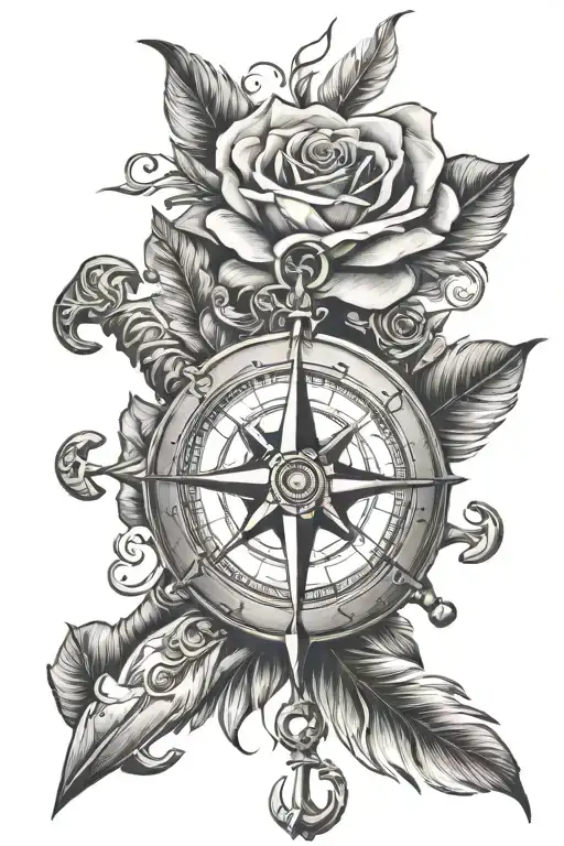 anchor, rose, compass, feathers tattoo design idea