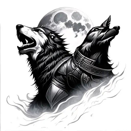 knight and wolf howling at the moon tattoo design idea