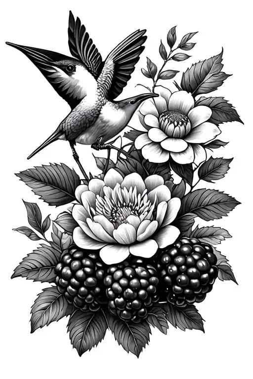 blackberries, peony, hummingbird, dahlia, vine tattoo design idea