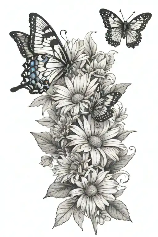 daisy bouquet with butterfly and cardinal  tattoo design idea