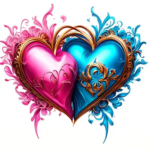 Two 3D interlocking hearts one pink and one blue tattoo design idea