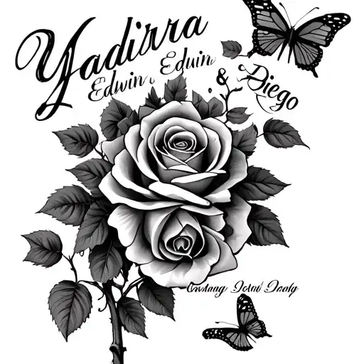 A vine of roses with the names of Yadira Edwin and Diego the name yadira has butterflies around it. tattoo design idea