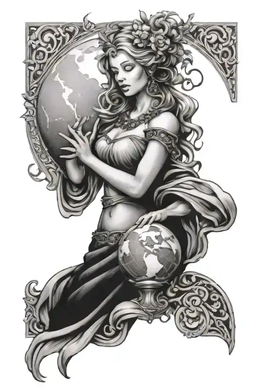 freya goddess holding earth globe tattoo design idea