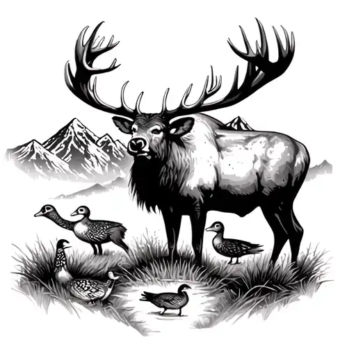 Grand Tetons's with Bull Elk, Mule Deer, Ducks and Owl tattoo design idea