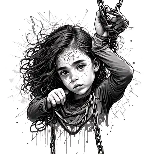 Androgynous figure half-masc half-fem, fine-line tattoo style, broken chains, crutch, inner child reaching heavy emotion tattoo design idea