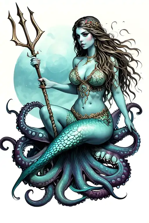 A siren mermaid. She is sitting on an octopus/skull hybrid and is holding a trident tattoo design idea