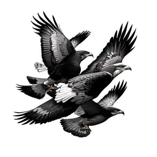Realistic tattoo design of six falcons flying proudly , each with detailed feathers, sharp eyes tattoo design idea