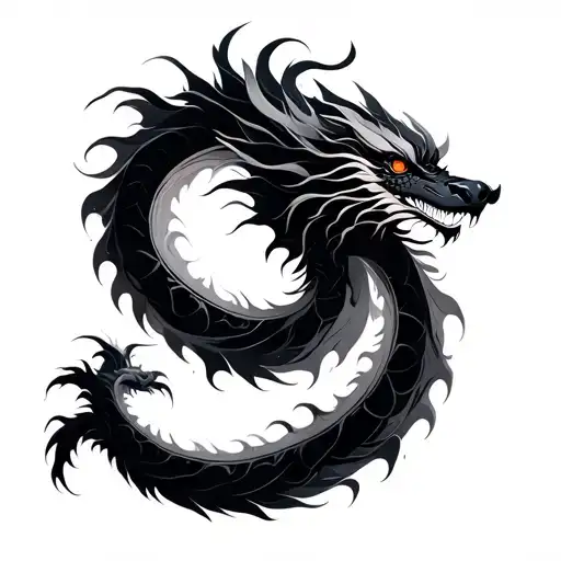 minimalist abstract Eastern dragon made of flowing, smoke-like or ink-brush strokes. The design resembles traditional Ch tattoo design idea