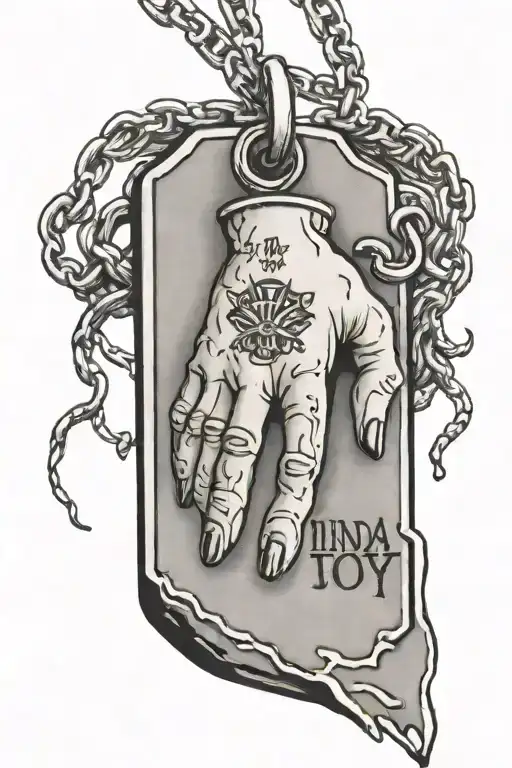 dog tag hanging from a bleeding fist reading "Linda Joy Polk" "An Honorable Woman " tattoo design idea