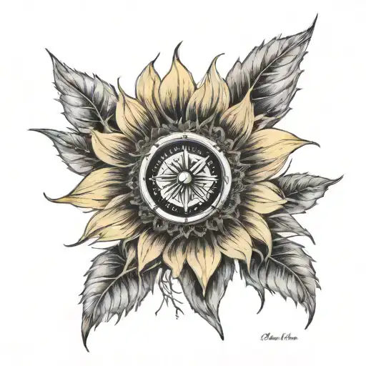 single sunflower with compass pointing north star tattoo design idea