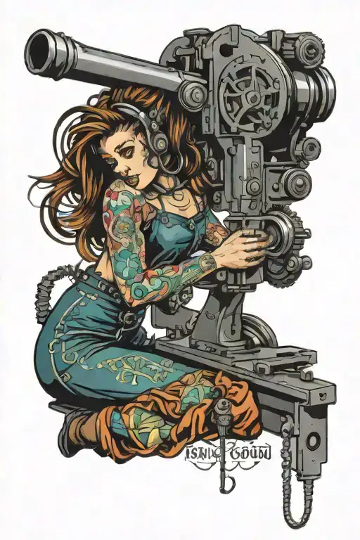 welding woman holding a sewing machine gun tattoo design idea