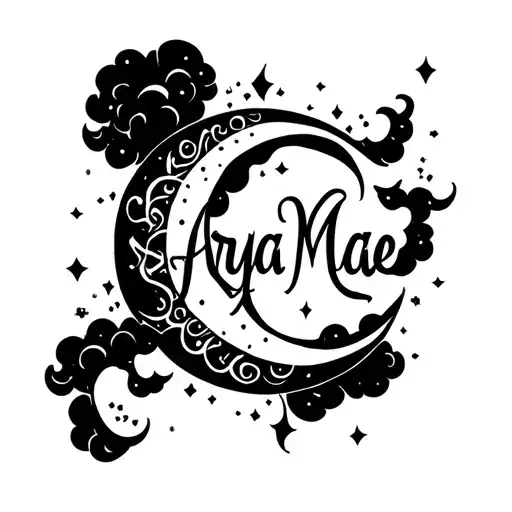 Arya Mae written inside of crescent moon surrounded by clouds  tattoo design idea