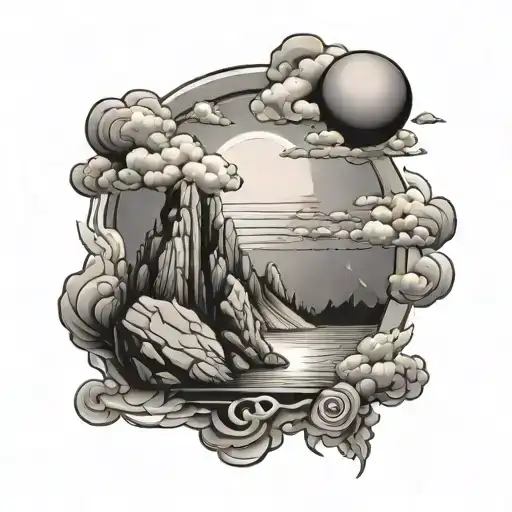 rocks clouds and a sun shining tattoo design idea