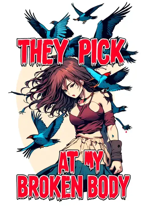 The text" They pick at my broken body" in a bold font and an image of birds attacking a girl tattoo design idea